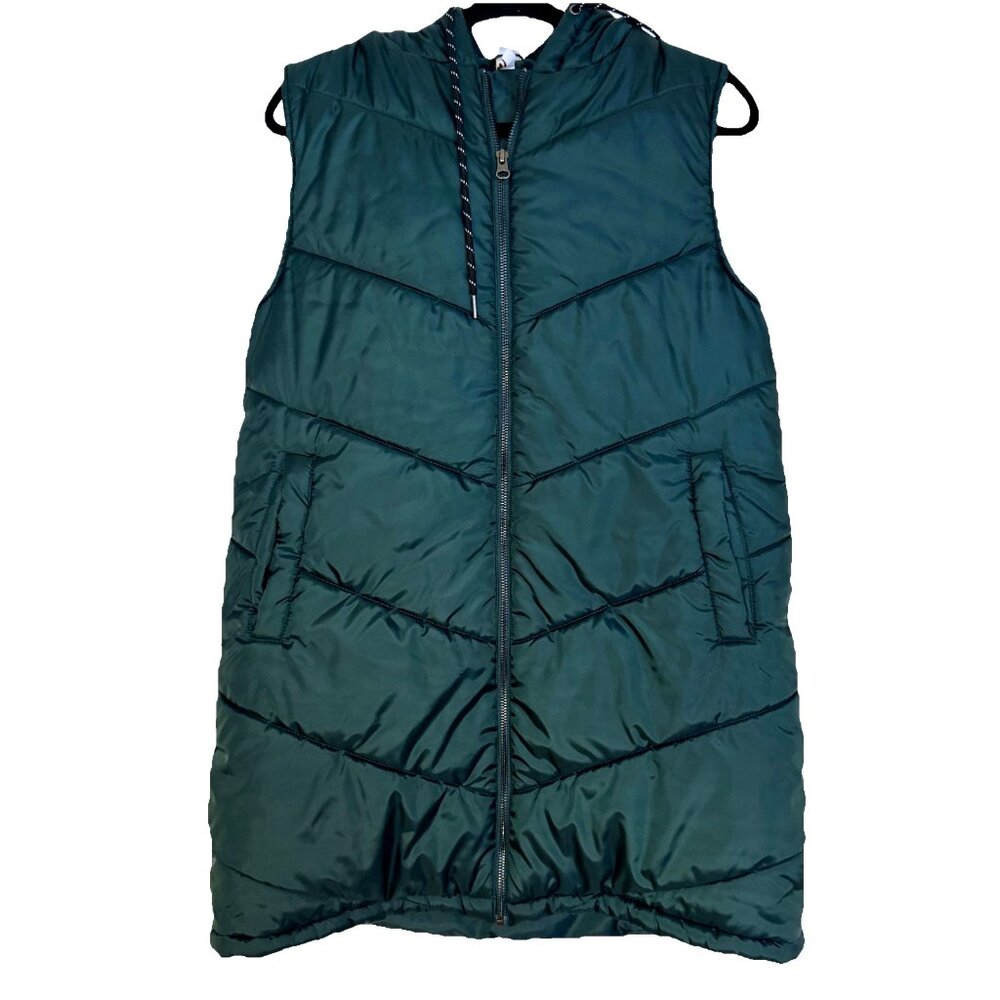Zella Hooded Puffer Vest Womens S Pine Green Mid-Length Lined Pockets Quilted